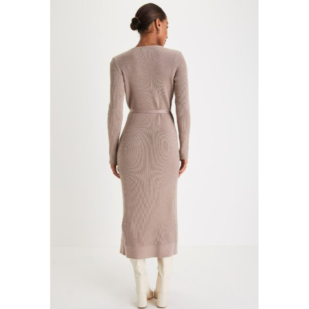 Lulus Iconic Comfort Sweater Dress Womens Medium Taupe Ribbed Surplice Wrap NEW - Picture 2 of 13